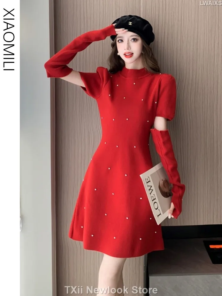 Зимните Коледни червени рокли, Елегантен модерен вязаное къса рокля с мъниста, женски прости офис ежедневни вечерни рокли