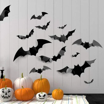 12ШТ Украса за Хелоуин 3D черен PVC прилеп Декор за парти на Хелоуин Подпори стикер