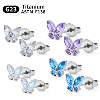 2 елемента G23 Титановая обици-пеперуда за жени, пиърсинг на носа, лабрет, кристални бижута за тяло ASTM F136