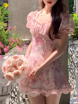 2023 Лятото на Корейското Ежедневното рокля Миди с цветен модел, Женски Шифоновое Ретро рокля с къс ръкав, Офис Елегантна Пълномаслено рокля, Луксозно
