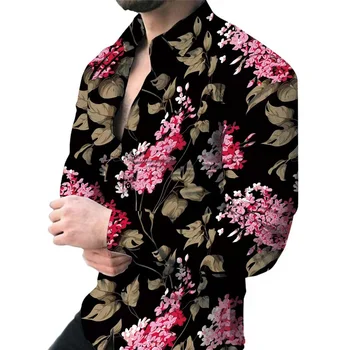 2023 мъжка риза с дълги ръкави и цветисти принтом, мъжка лятна модна тениска с дълъг ръкав и копчета, с ревери, градинска мъжки S-6XL
