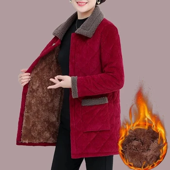 2023 Нова зимни дамски вельветовая яке на средна възраст, однотонное свободно палто, женски ежедневното плюс Бархатное гъст топло памучни палта, дамски блузи