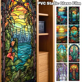 45x100 cm Оцветени Пъстри Цветя и тропически растения Ocean Sunrise Врати Прозорец PVC Фолио, от едно статично стъкло Стикер за домашен интериор Свалящ се