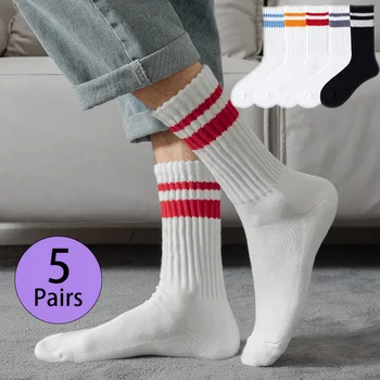 5 двойки Висококачествени Памучни Мъжки Чорапи В Бяла Ивица С Високи Чорапи Уличен Хип-Хоп Скейтборд Модерен Чорап Тежко Кърпа Чорап за Мъже