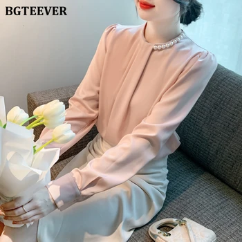 BGTEEVER Модни пролетни дамски блузи с кръгло деколте и мъниста, Елегантни Свободни дамски пуловери с дълги ръкави, блузи, дамски обикновена риза