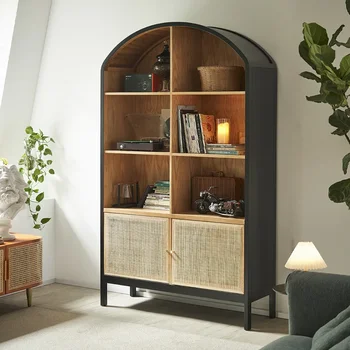 Bookshelf с двойна врата, тъкани от ратан в американски стил, многопластови стелажи за съхранение на книги и произведения на изкуството от пода до тавана, ларг от черно масивно дърво