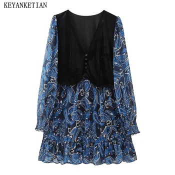 KEYANKETIAN/ Ново дамско бархатное рокля в стил мозайка с принтом Пейсли, национални мини рокли трапецовидна форма с V-образно деколте и дълъг ръкав, свободни мини рокли трапецовидна форма