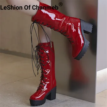 LeShion Of Chanmeb/ Дамски ботуши до средата на прасците На високо квадратен обувки с кръгло бомбе, дантела, с Цип, Готически обувки на платформа, Готик обувки, Червено