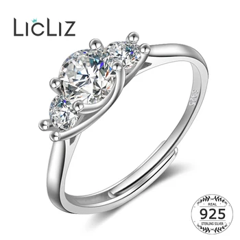 LicLiz Кръгли годежни пръстени с кристали, цирконий от три камъни, женски сребърен годежен пръстен, проба 925, регулируеми бижута LR0348