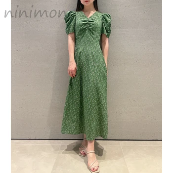 NINIMON 2023 Лятна рокля за чай с V-образно деколте и с пищните ръкави с принтом, реколта флорални рокли с висока талия до щиколоток, елегантен тънък халат
