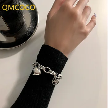 QMCOCO Корея, Сребърен цвят, Ретро гривна във формата на сърца и Звезди За жени е Лек Луксозна Гривна Бижута Подаръци