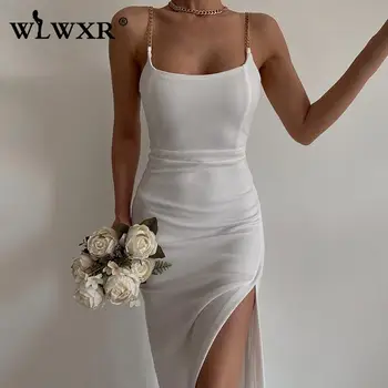 WLWXR Пролет-есен черна рокля Макси на веригата с цепка, без табли, сексуална клубни екипи за жени 2022, Дебнещ бяла вечерна рокля без ръкави, без ръкави