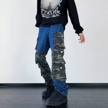 Y2K Techwear Градинска Облекло Камуфлаж Мозайка Широки Дънки Панталони карго Мъжки Дрехи Директни дънкови Панталони Pantalon Homme