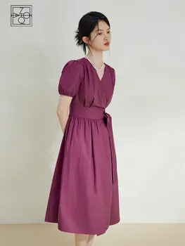 ZIQIAO Френското цельнокроеное рокля с V-образно деколте и джапанки за жени, лятна дълга рокля от 100% памук с пищни ръкави, дамски лилави рокли