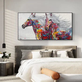 Абстрактни и модерни животни, живопис с маслени бои върху платно, печат на плакати, стенно изкуство, абстрактни картини с червени коне за домашен интериор дневна