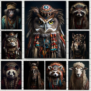 Ацтекское животно, един Мексикански индианец, Вълк, Камила, Куче, Кон, Котка, Панда, Бухал, Маймуна, художествени плакати, платно, Стена щампи, Живопис за домашен декор