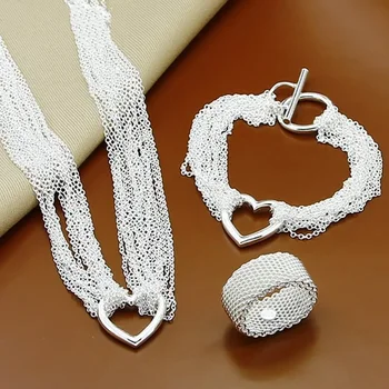 Бижута комплекти JewelryTop от Сребро 925 Проба Верига Сърцето Огърлица, Гривна, Пръстен и Комплект за жени Сватбени Оригинални Дизайнерски Подаръци