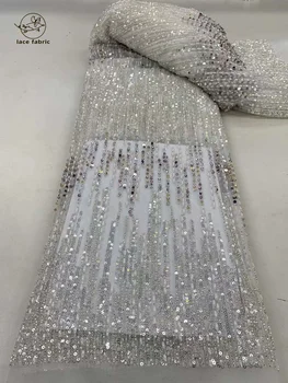 Бяла Африканска лейси плат, ръчно изработени beaded 2023 Благородна Лейси плат с бродерия на мъниста за сватбени материали за младоженци