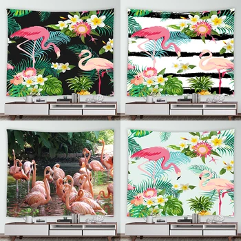 Гоблен с изображение на червено Фламинго в тропическите Джунгли, Началната дневна, Декорация на стените в общежитието, на Фона на плат 