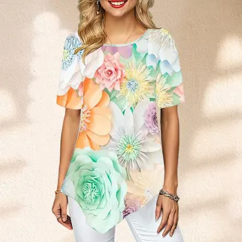 Дамски модни тениска с къс ръкав и цветен графичен принтом, дамски дрехи в стил ретро Y2k, дрехи