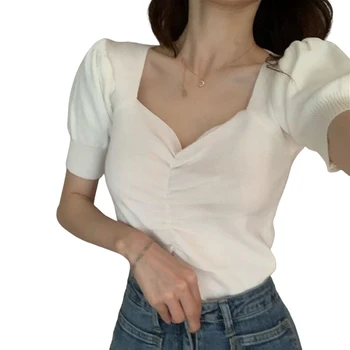 Дамски ризи с къси ръкави в стил ретро, сладък секси тениска с V-образно деколте и с пищните ръкави за неофициално облекло