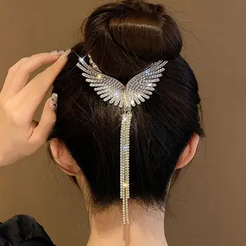 Дамски шнола за cauda equina, Елегантна шнола за коса с кристали и перли, Стилна форма на крилата с пискюл, леки сватба косата за cauda equina