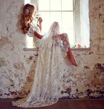 дантела с цвят на слонова кост, расшитое мъниста, Уникална отстъпка, плажни сватбени рокли по поръчка, сватбена рокля с къси ръкави Vestidos De Новия