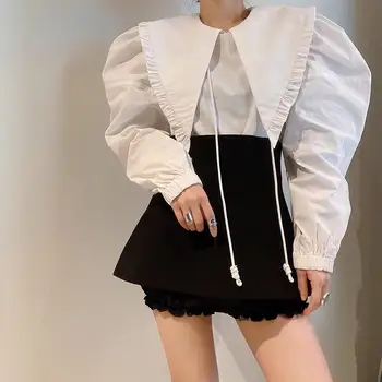 Дизайнерска риза Kawaii White Кукла Collar с пищни ръкави в профил, пролетен дизайн 2024 г., горна корейски дрехи с гофрированным острата яка