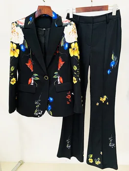 Европа 2023 Есенните Модни Дамски костюми, Висококачествени Блейзери с флорални принтом, якета + Черни панталони, комплект от две части на F200