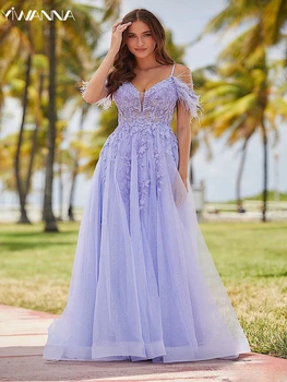Елегантна вечерна рокля в Класически спагети презрамки апликации от пера един Коктейл рокля с Блестящо дълга рокля за бала Vestido De Новия