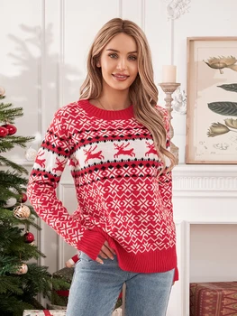 Жена Коледен пуловер, всекидневни Коледен пуловер с дълъг ръкав и кръгло деколте, потник, Зимна Коледна премяна