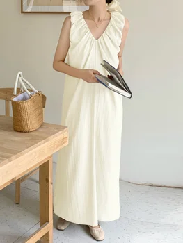Жена Корейското плиссированное рокля-жилетка с V-образно деколте, обикновена Свободни ежедневни рокли без ръкави, с джобове, новост лятото 2023, Tide Vestido Y272