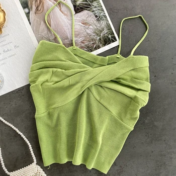 Зелени потници блузи Y2K за жени 2023 Летни Дамски нагънат дамски блузи с препратка бретельками-спагети ярки цветове