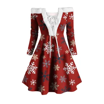 Зимата-секси Коледна рокля, елегантна вечерна рокля трапецовидна форма с яка от изкуствена кожа и дълъг ръкав във формата на снежинки, Коледни костюми 2023 година