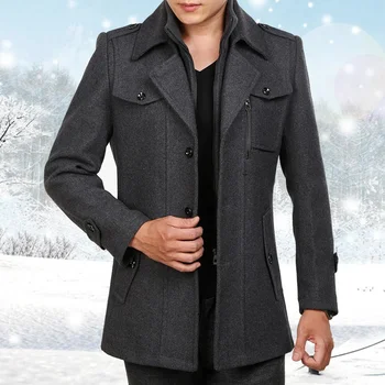 Зимно палто, вълнена 2024 Мъжки Модни дебело яке с двойна яка, Однобортный тренч, Ежедневни смес палто