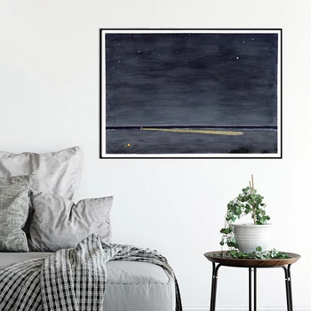 Илюстрация на Нощта океан Печат върху платно Нощното Небе Морски пейзаж Акварел Абстрактна Живопис Плажен Декор на стените Минималистичен плакат