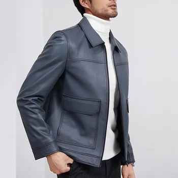 Кожено яке от естествена кожа за мъже 2023 Зима Мъжки джоб с ревери Американското стилно ежедневното финото палто бизнес син цвят, Slim Veste Homme