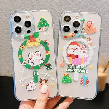 Коледен Коледен Подарък Сладък Заек За Magsafe Калъф За iPhone 15 14 13 12 11 Pro Max Магнитна Безжична Зареждане Прозрачен Капак