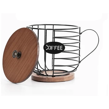 Кошница за съхранение на K Cup Кръгла Кошница за кафе Интериор с дървен капак за кухненски плотове, за капсули