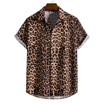 Лятна мъжка хавайска риза с копчета на лацканах, модерен леопардовый принт, мъжки плажен случайни топ с къс ръкав, мъжки дрехи M-3XL