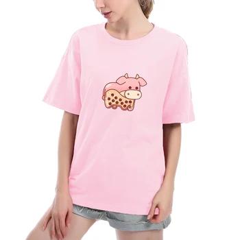Лятна тениска с кръгло деколте и къс ръкав, Сладки тениски с шарени крави от чай с мляко, Блузи, Дамски тениска Kawaii, дрехи Оверсайз, тениска с изображение