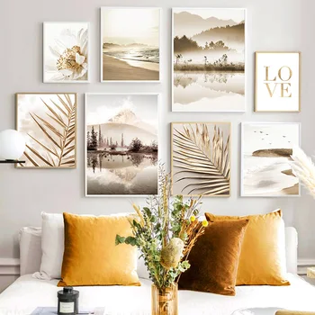 Модерен планински пейзаж, картина върху платно, стенно изкуство, плакат с цветни листа и принт за домашен интериор на стените на хола