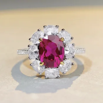 Модерно Луксозно пръстен ЩВ с кубическим цирконием алого цвят овална кройка, женски сребърен пръстен, пръстен проба 925, подарък за годишнина от сватбата
