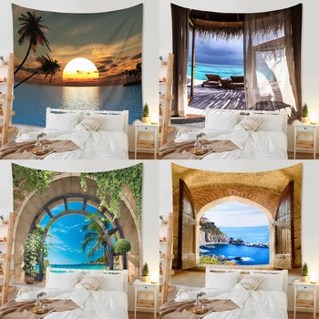 Море, слънце, Зелено-синята Палма, Ресни, изкуство за пердета, Естетически, украса на стаята, домашен интериор в стил бохо, Декоративни стенописи, Подвешивание