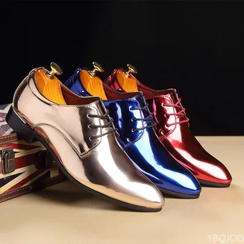 Мъжки сватбени обувки от лачена кожа, златисто-сини, Червени, Бели Обувки-oxfords, дизайнерски модела обувки с остри пръсти, Големи размери 37-48