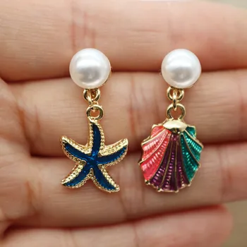 Обеци в формата на разноцветни раковини с емайл, в стил Бохо, Женски накити, Артистична Морска мивка, Морска звезда, Имитация на перли, Дамски Плажни Обеци-капки