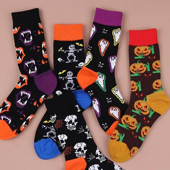 Памучни чорапи със средна тръба, чорапи за Хелоуин, тиква череп, мъжки и дамски чорапи