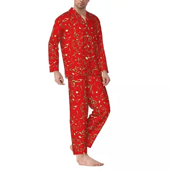 Пижами със златни музикални ноти, мъжки Празнична Коледна сладка нощна пижама, есента комплект от 2 теми, ежедневни пижами голям размер с принтом