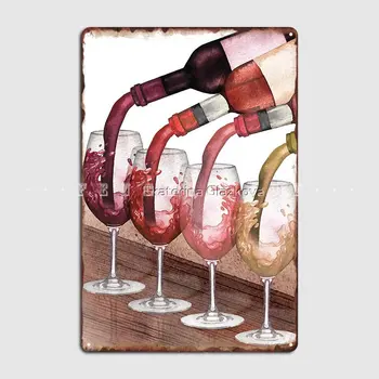 Плакат с акварельными червени, бели и розови вина, разливающимися от бутилки, чаши, Метални табели, бар стикери, Лидице табела, плакат
