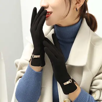 Плътни, Дишащи обикновен дамски ластични Плюс Кадифени ръкавици за шофиране Немски кадифени ръкавици Дамски ръкавици със сензорен екран